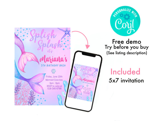 Mermaid birthday invitation | Editable invitation | Under the sea birthday | printable invitation | instant download | Mermaid invite