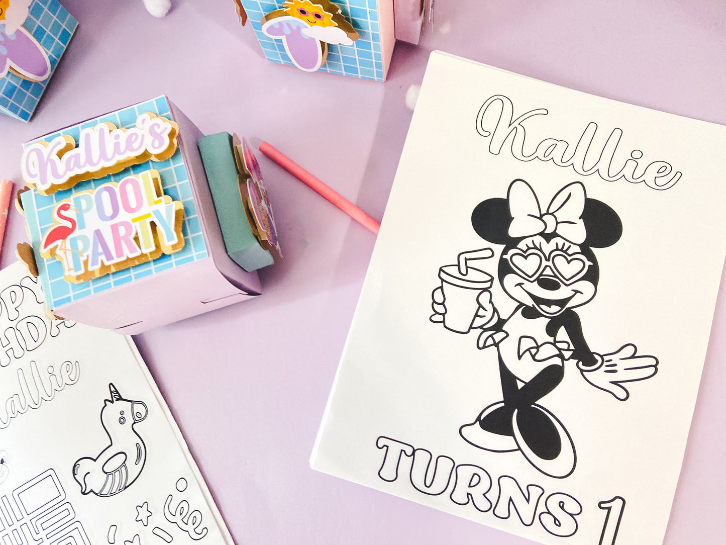 Pool 12 Coloring activity favors | kids party favors | personalized party favors | Minnie pool party | Minnie Mouse customizable favors